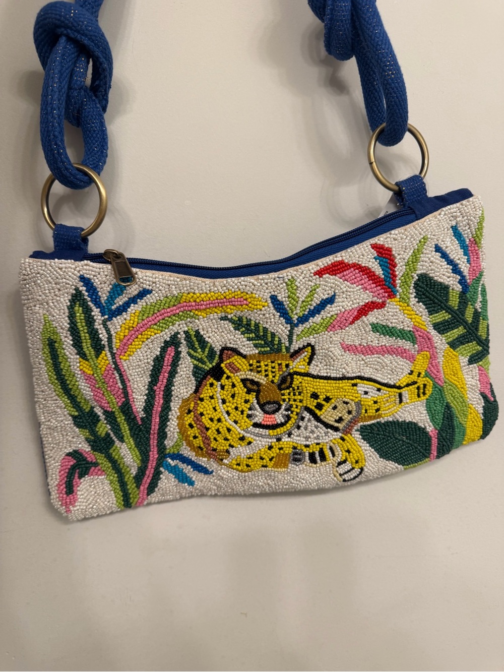 Beaded Jungle Leopard Shoulder Bag - Blue Strap
